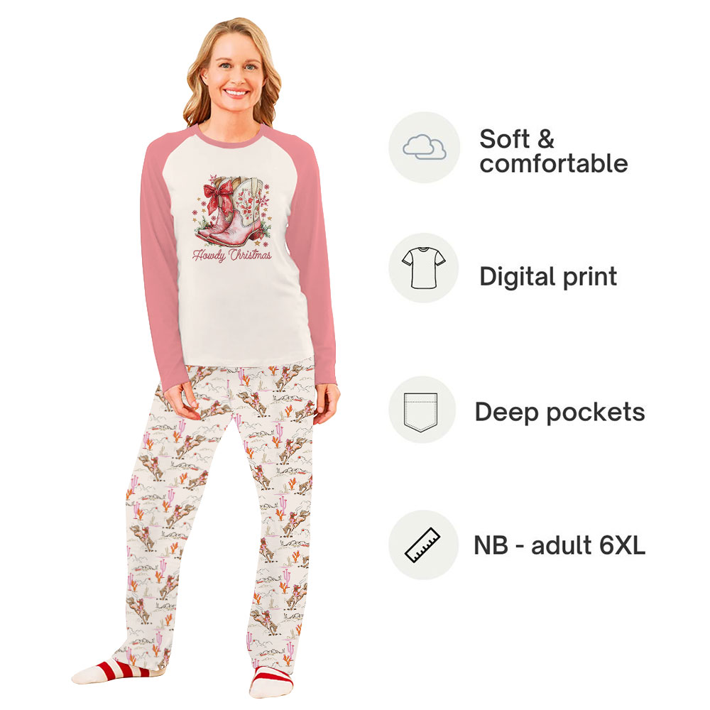 Cowgirl Christmas Pajamas Western Style With Boot Print Cowgirl Christmas Pajamas Western Style With Boot Print
