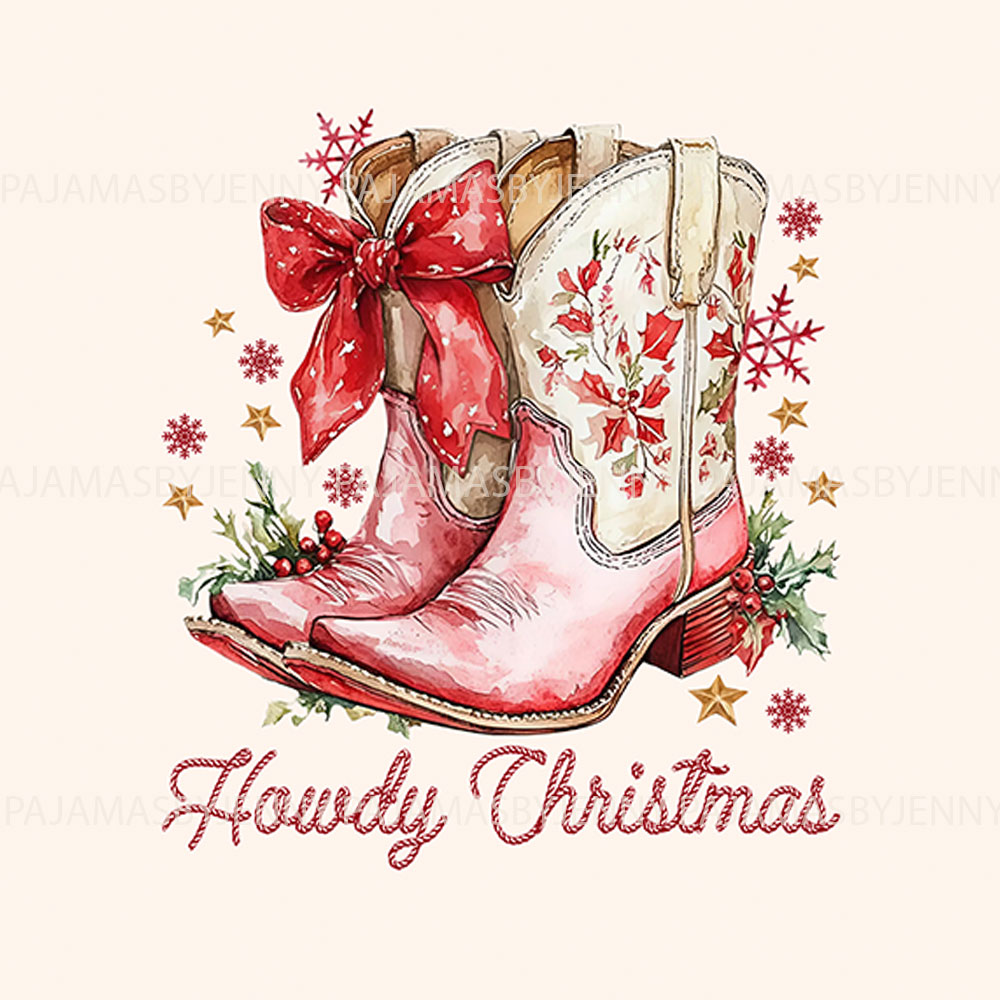 Cowgirl Christmas Pajamas Western Style With Boot Print Cowgirl Christmas Pajamas Western Style With Boot Print