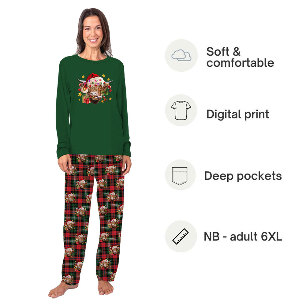 Funny Highland Cow Heifers Christmas Pajamas Holiday Green Red