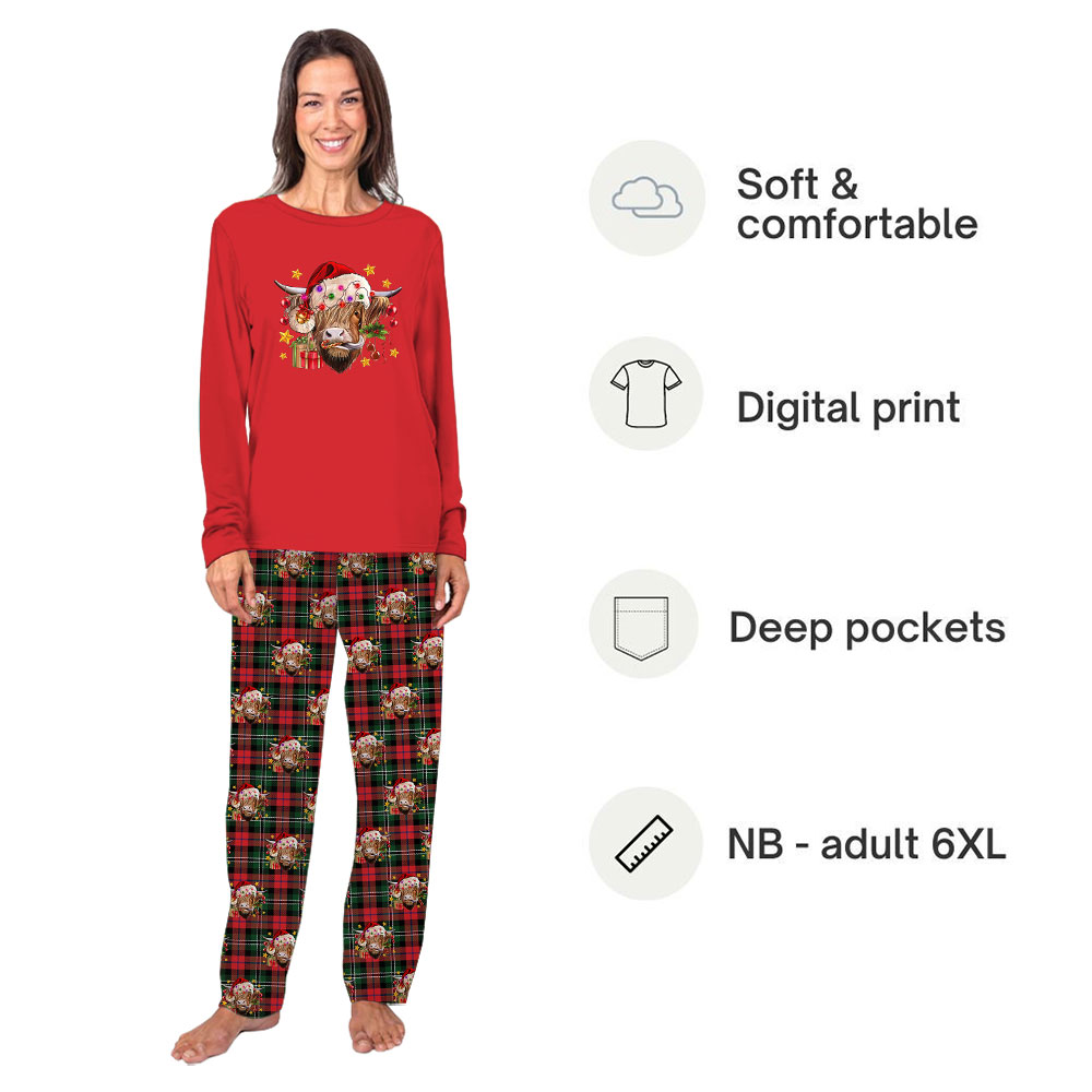 Festive Highland Cow Christmas PJs Sets Red Tartan Festive Highland Cow Christmas PJs Sets Red Tartan