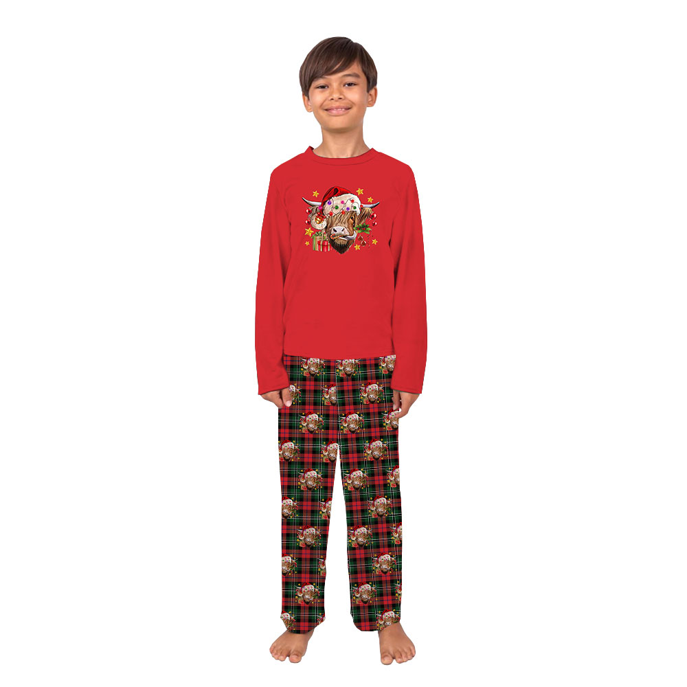 Festive Highland Cow Christmas PJs Sets Red Tartan Festive Highland Cow Christmas PJs Sets Red Tartan