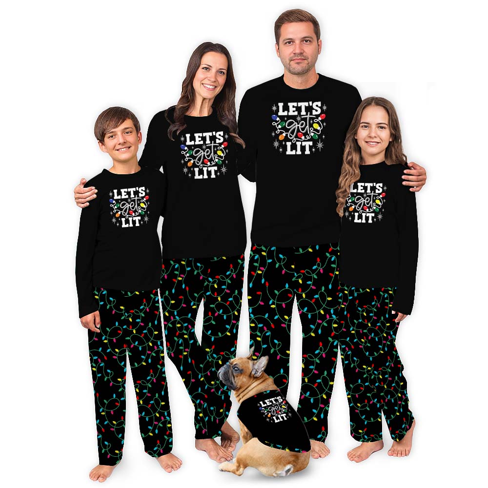 Let's Get Lit LightBulb Christmas Pajamas Family Black Let's Get Lit LightBulb Christmas Pajamas Family Black