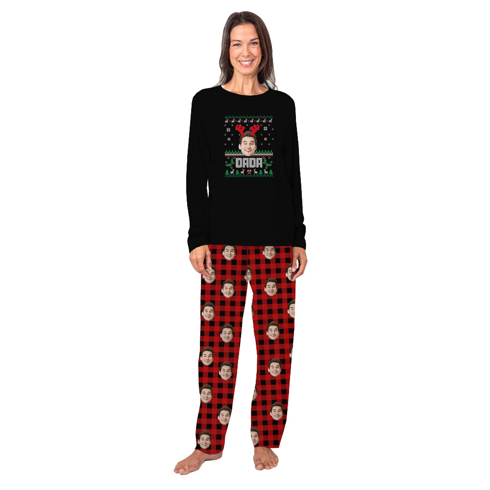 Black And Red Family Xmas PJs Customized With Name And Photo