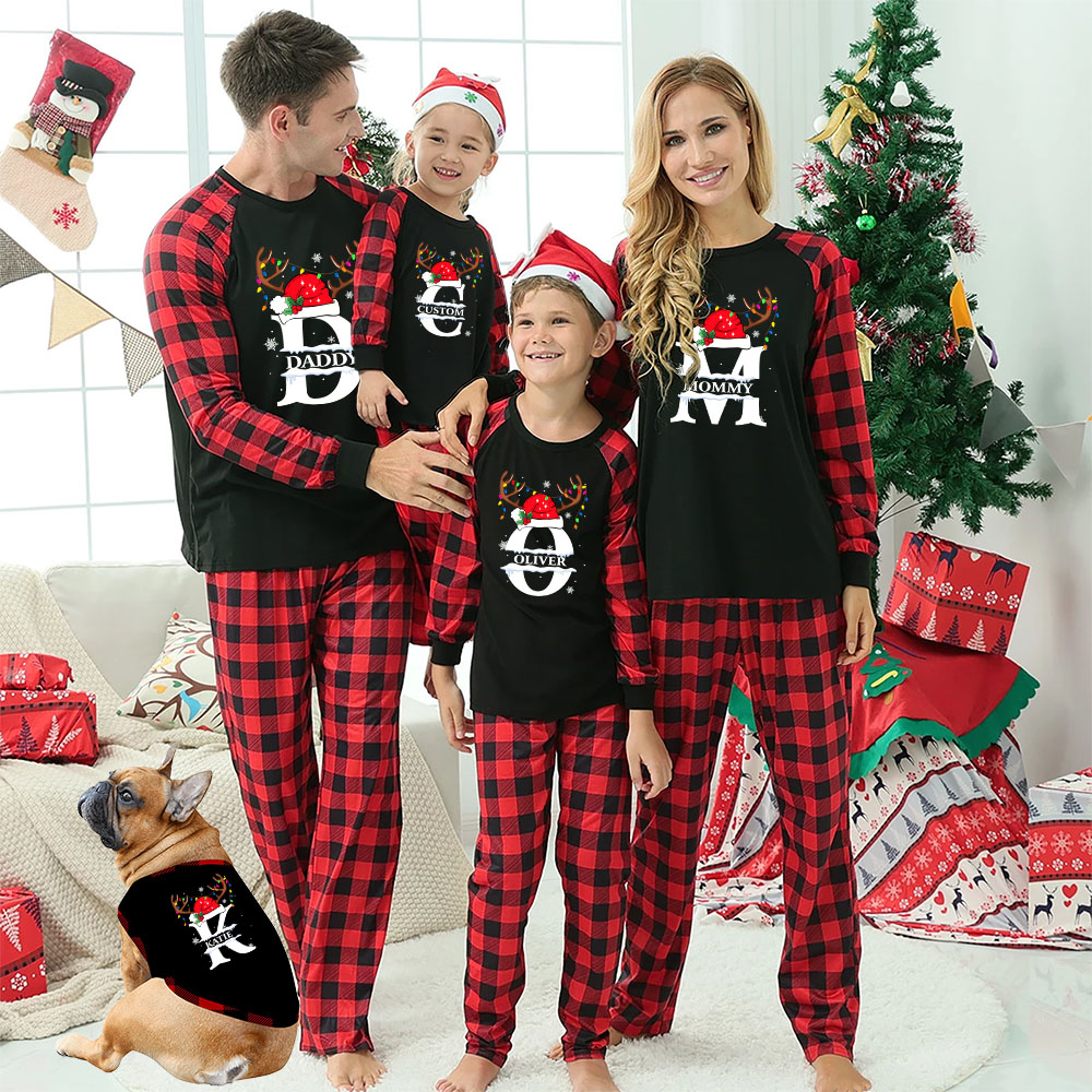 Monogram Reindeer Letter Christmas Pajamas Family And Dog Monogram Reindeer Letter Christmas Pajamas Family And Dog