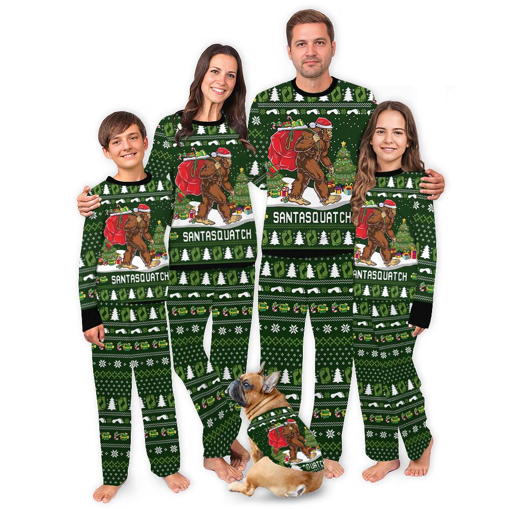 Santa Squatch Bigfoot Family Christmas Pajamas Green Santa Squatch Bigfoot Family Christmas Pajamas Green
