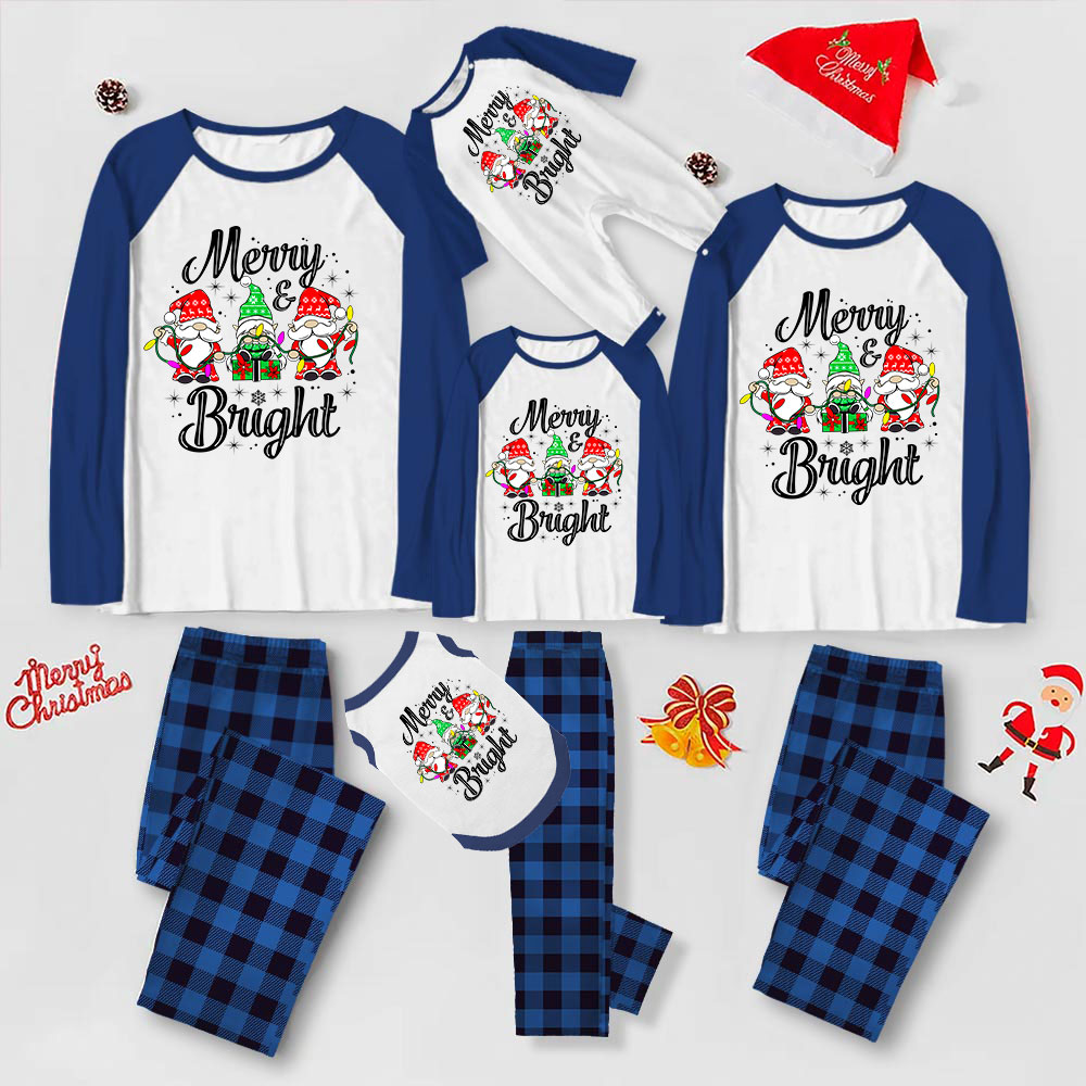 Merry Bright Gnome Family Matching Pajamas Blue Plaid