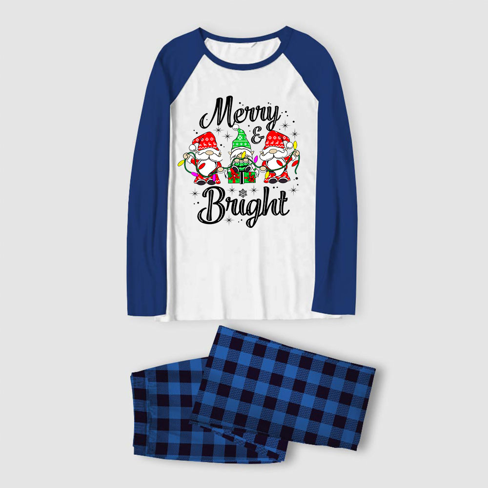 Merry Bright Gnome Family Matching Pajamas Blue Plaid
