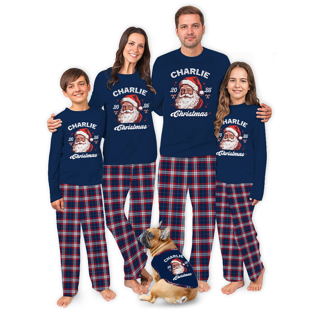 Personalized Name Black Santa 2025 Family Christmas Pajamas