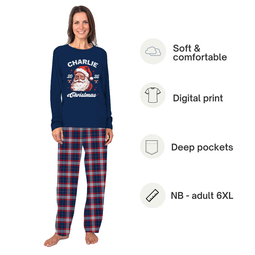 Personalized Name Black Santa 2025 Family Christmas Pajamas