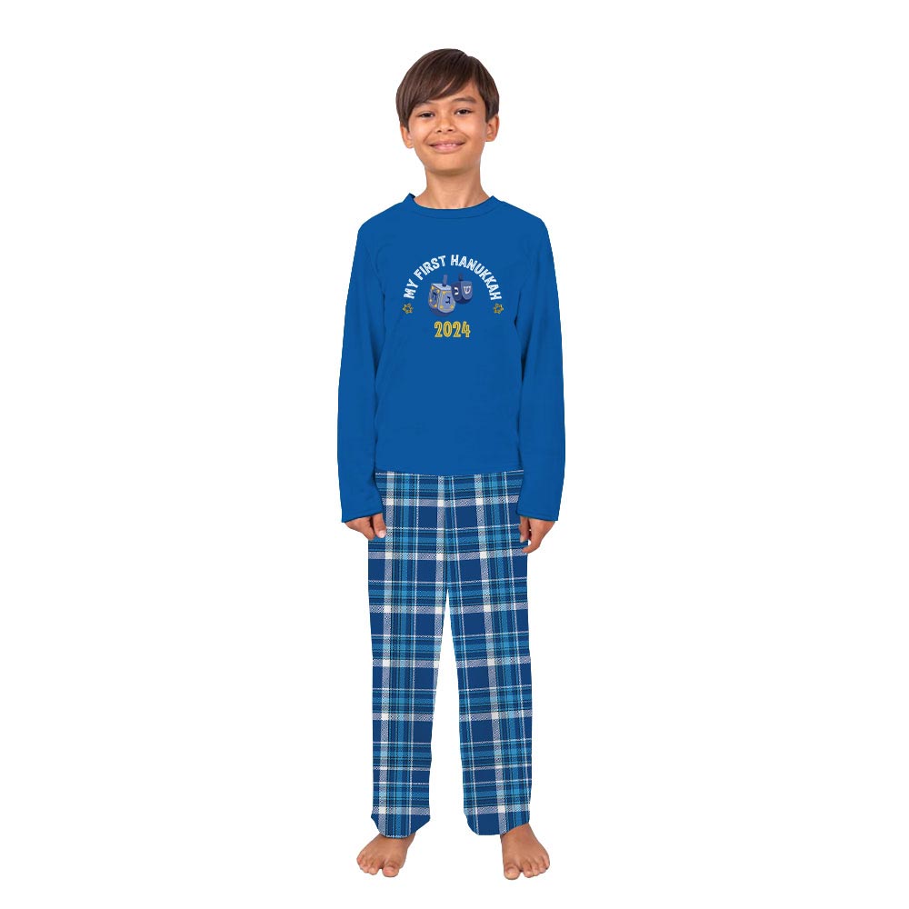 First Hanukkah Matching Pajamas Blue Plaid [Custom Year]