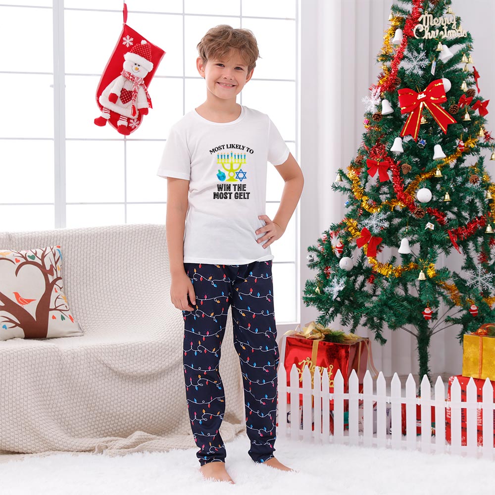 Most Likely To Custom Text Hanukkah Matching Pajamas Short Sleeve Most Likely To Custom Text Hanukkah Matching Pajamas Short Sleeve