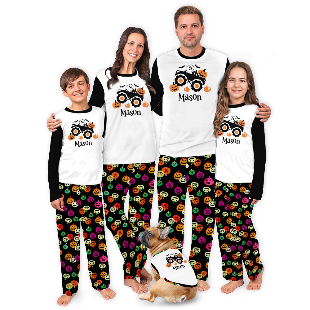 Funny Family Halloween Pajamas With Dog Customized Name Funny Family Halloween Pajamas With Dog Customized Name