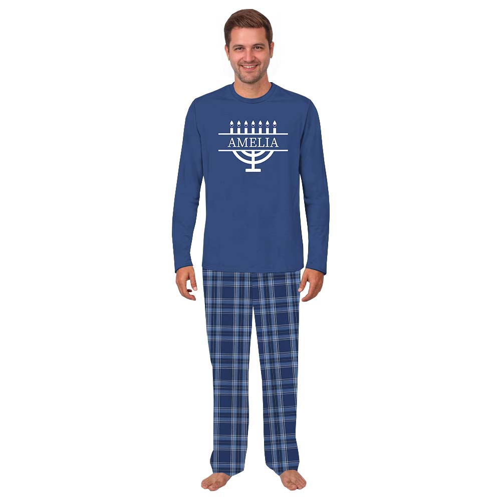 Customizable Name Matching Hanukkah Family PJs Blue Plaid Customizable Name Matching Hanukkah Family PJs Blue Plaid