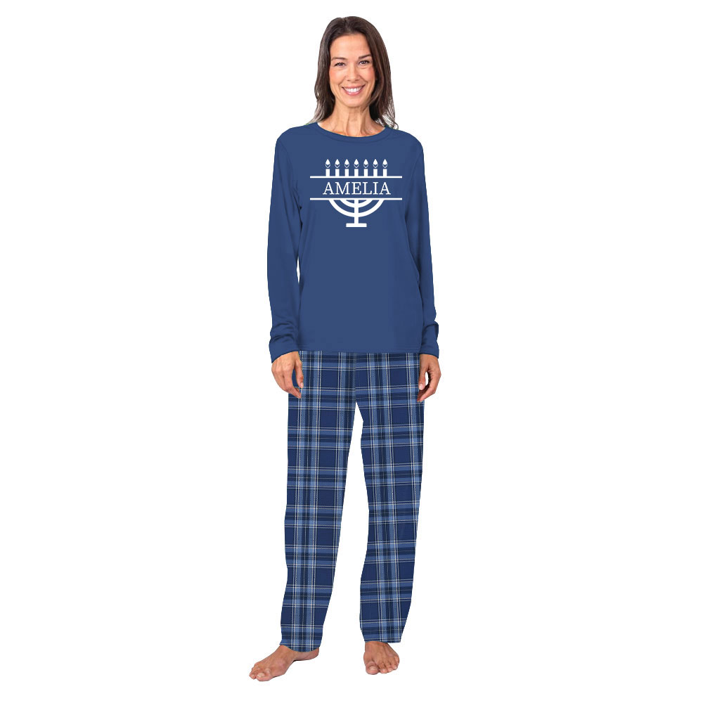 Customizable Name Matching Hanukkah Family PJs Blue Plaid Customizable Name Matching Hanukkah Family PJs Blue Plaid