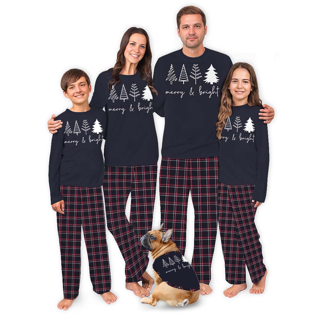 Unique Merry Bright Navy Plaid Christmas Pajama Sets