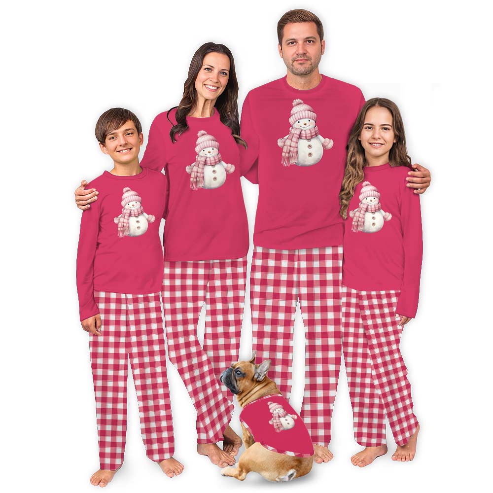 Cute Snowman Pink Plaid Christmas PJs With Plus Size Cute Snowman Pink Plaid Christmas PJs With Plus Size