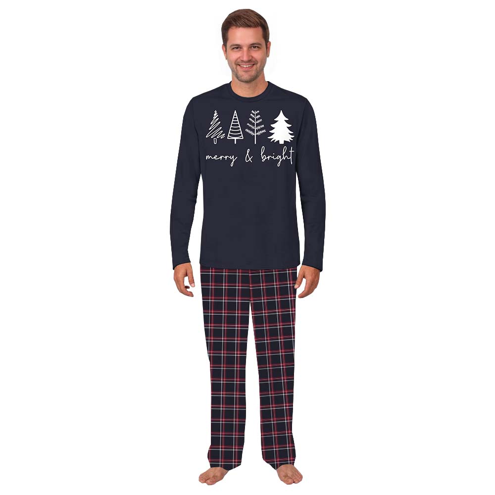 Unique Merry Bright Navy Plaid Christmas Pajama Sets