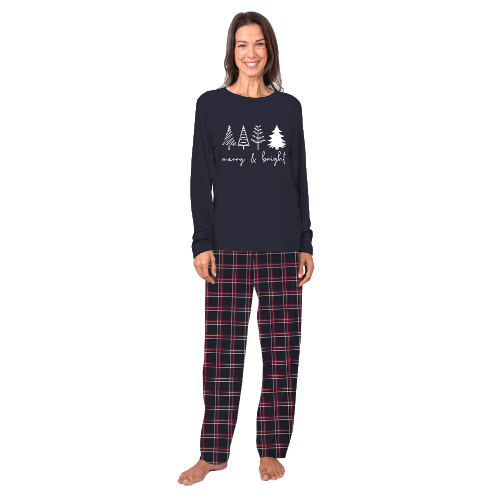 Unique Merry Bright Navy Plaid Christmas Pajama Sets
