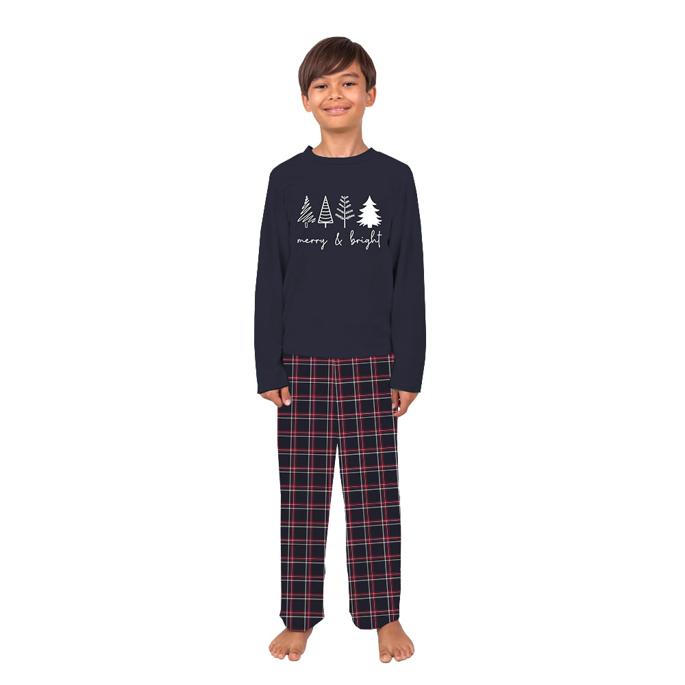 Unique Merry Bright Navy Plaid Christmas Pajama Sets