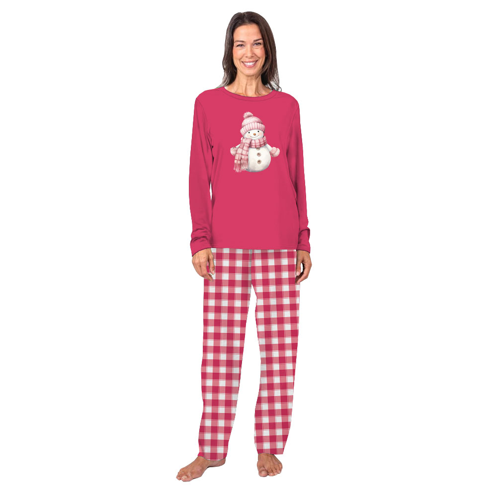 Cute Snowman Pink Plaid Christmas PJs With Plus Size Cute Snowman Pink Plaid Christmas PJs With Plus Size