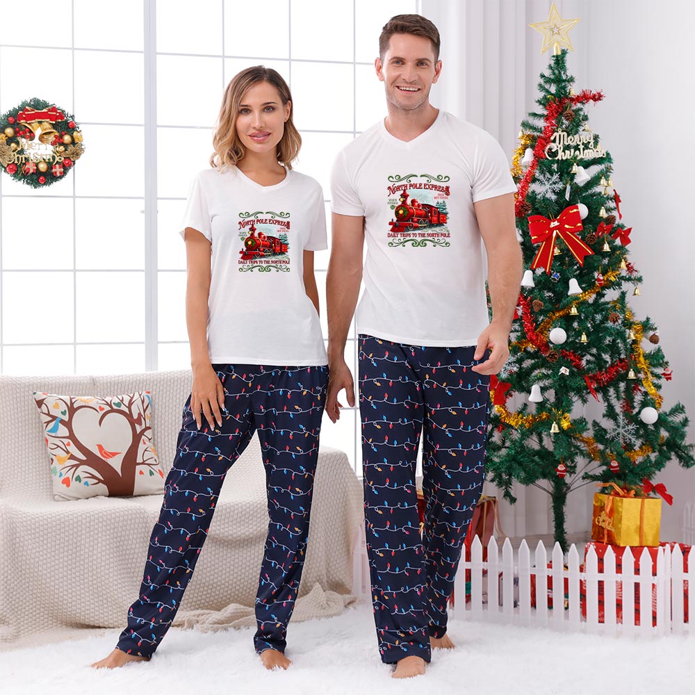 Festive Polar Express Train Jammies Matching Short Sleeves Festive Polar Express Train Jammies Matching Short Sleeves