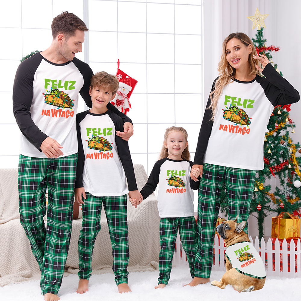 Feliz NaviTaco Mexican Matching Christmas Pajamas Green Plaid