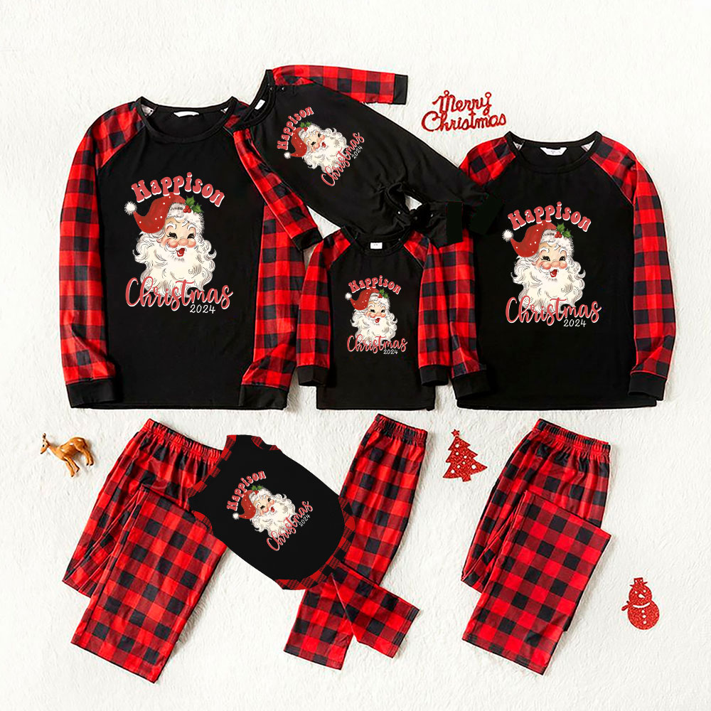 Santa Smiling Family Christmas Pajamas Black Red Plaid 2024 Santa Smiling Family Christmas Pajamas Black Red Plaid 2024