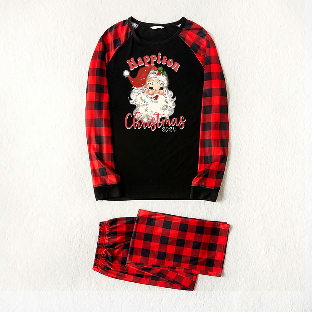 Santa Smiling Family Christmas Pajamas Black Red Plaid 2024 Santa Smiling Family Christmas Pajamas Black Red Plaid 2024