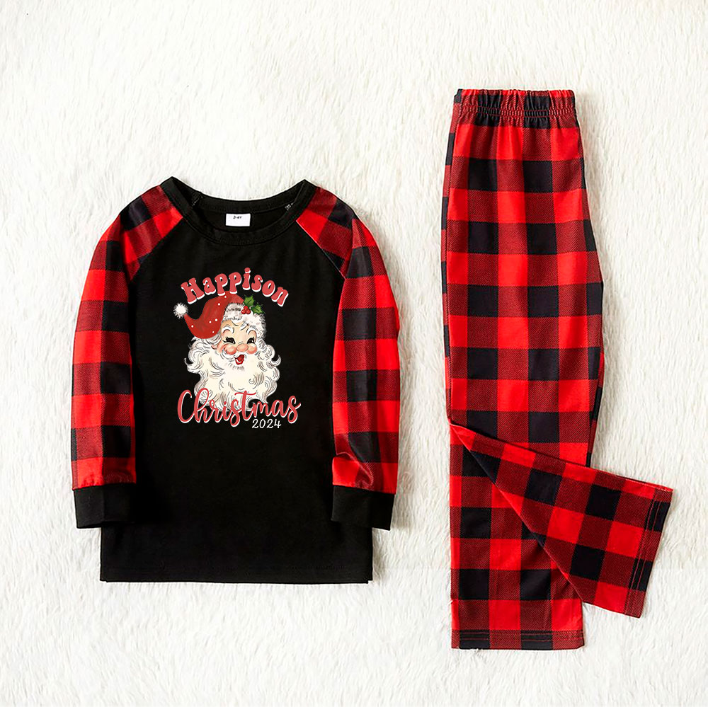 Santa Smiling Family Christmas Pajamas Black Red Plaid 2024 Santa Smiling Family Christmas Pajamas Black Red Plaid 2024