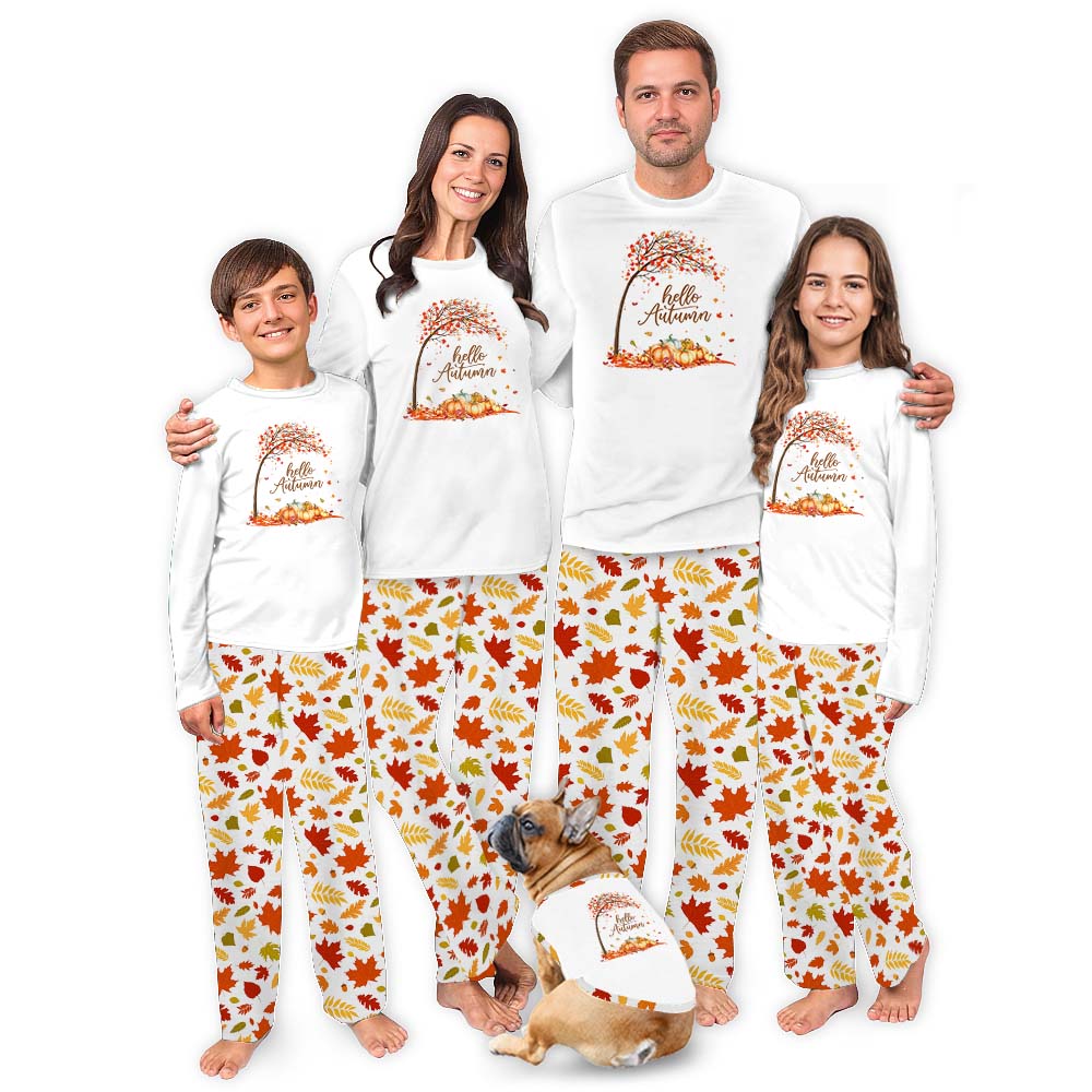 Fall Leaf Pumpkin Matching Family Pajamas Sets Hello Autumn Fall Leaf Pumpkin Matching Family Pajamas Sets Hello Autumn