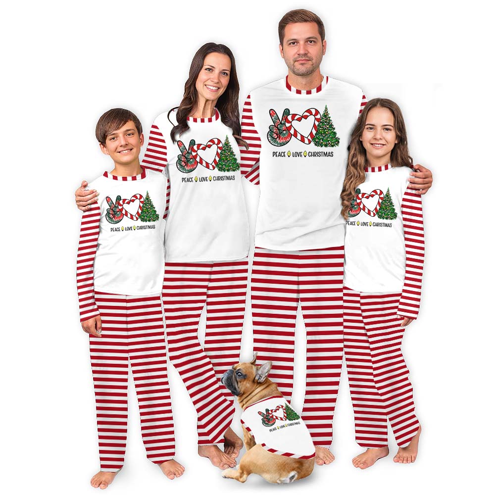 Peace Love Candy Cane Red White Sriped Christmas Pajamas