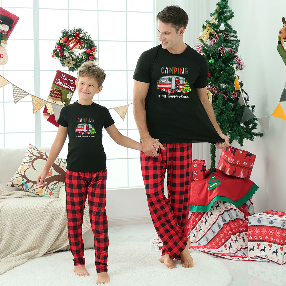 Happy Camping Van Family Holiday Pajamas With Dog Short Sleeves Happy Camping Van Family Holiday Pajamas With Dog Short Sleeves