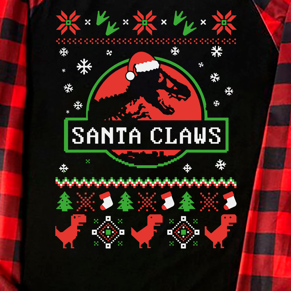 Dino Santa Claws Plaid Matching Christmas Pajamas Dino Santa Claws Plaid Matching Christmas Pajamas