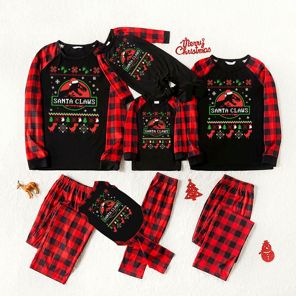 Dino Santa Claws Plaid Matching Christmas Pajamas Dino Santa Claws Plaid Matching Christmas Pajamas