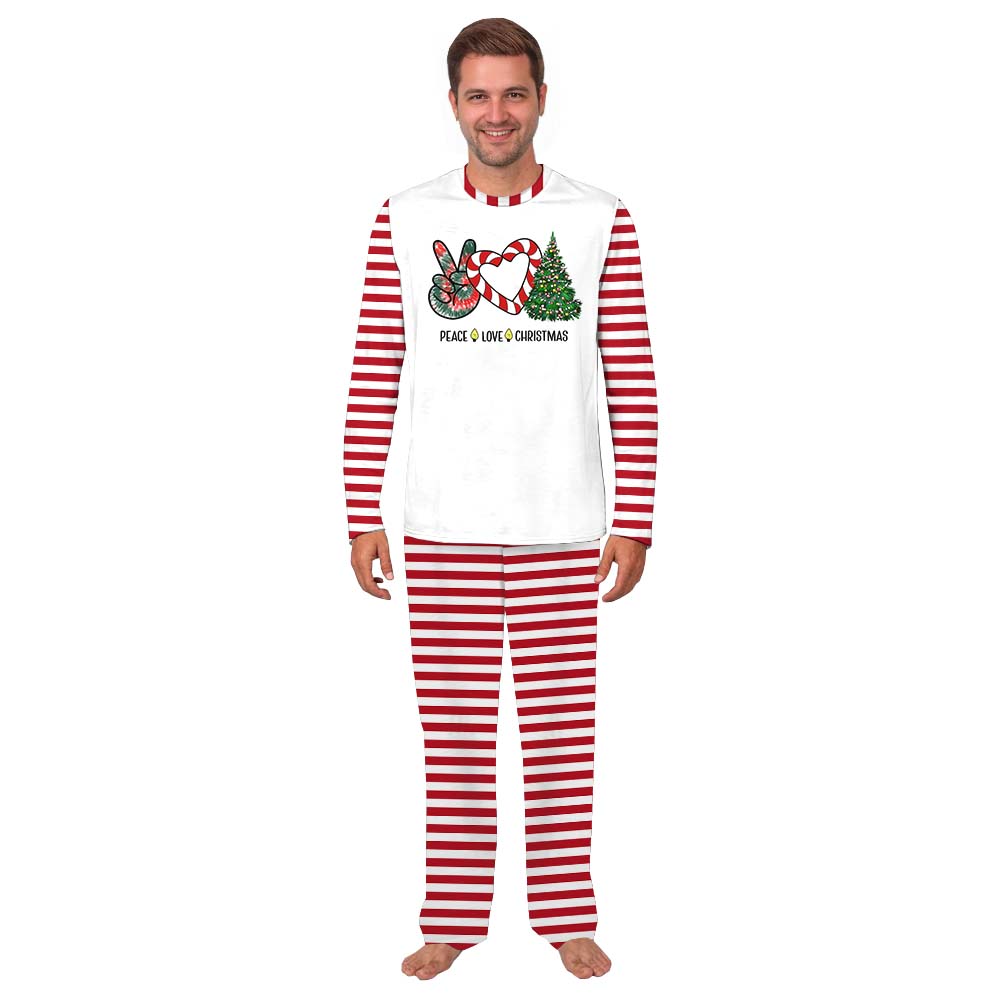 Peace Love Candy Cane Red White Sriped Christmas Pajamas