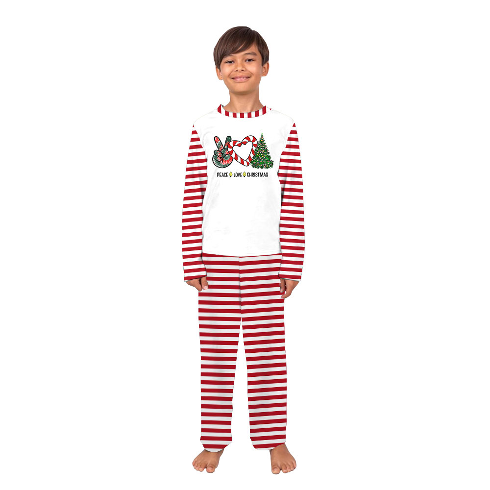 Peace Love Candy Cane Red White Sriped Christmas Pajamas