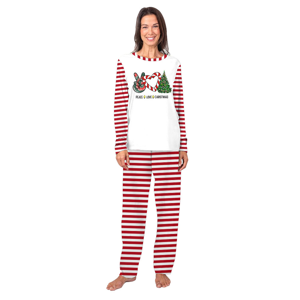 Peace Love Candy Cane Red White Sriped Christmas Pajamas
