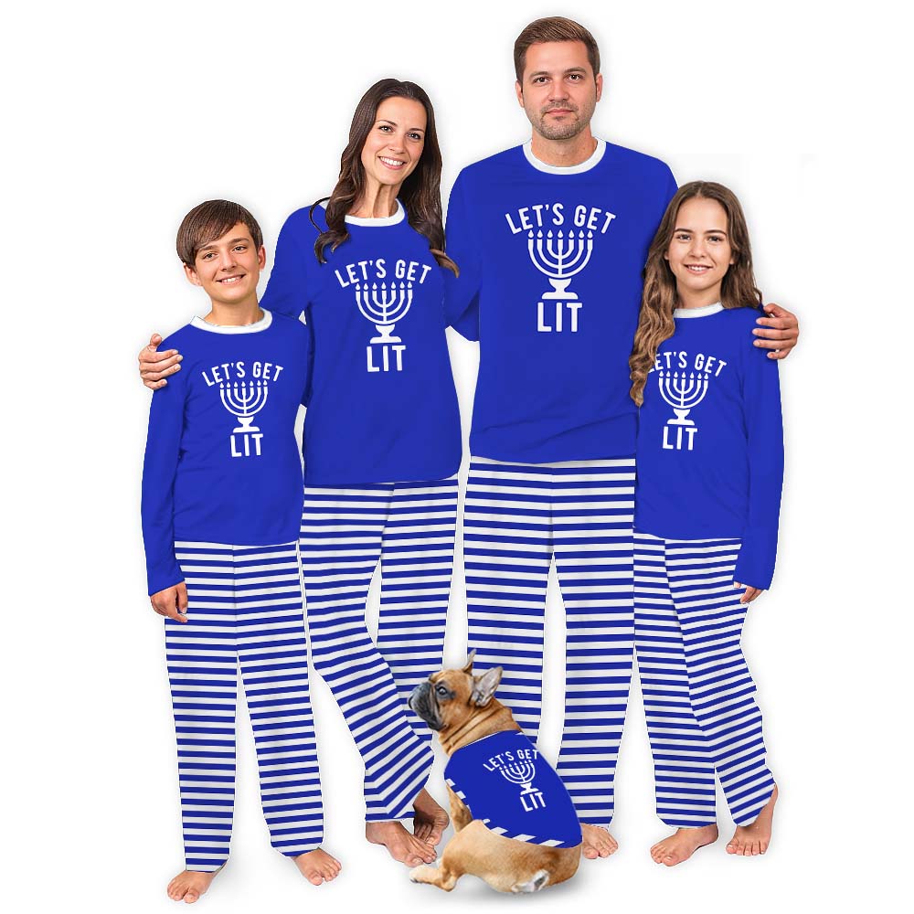 Let's Get Lit Family Hanukkah Pajamas Navy White Striped Let's Get Lit Family Hanukkah Pajamas Navy White Striped