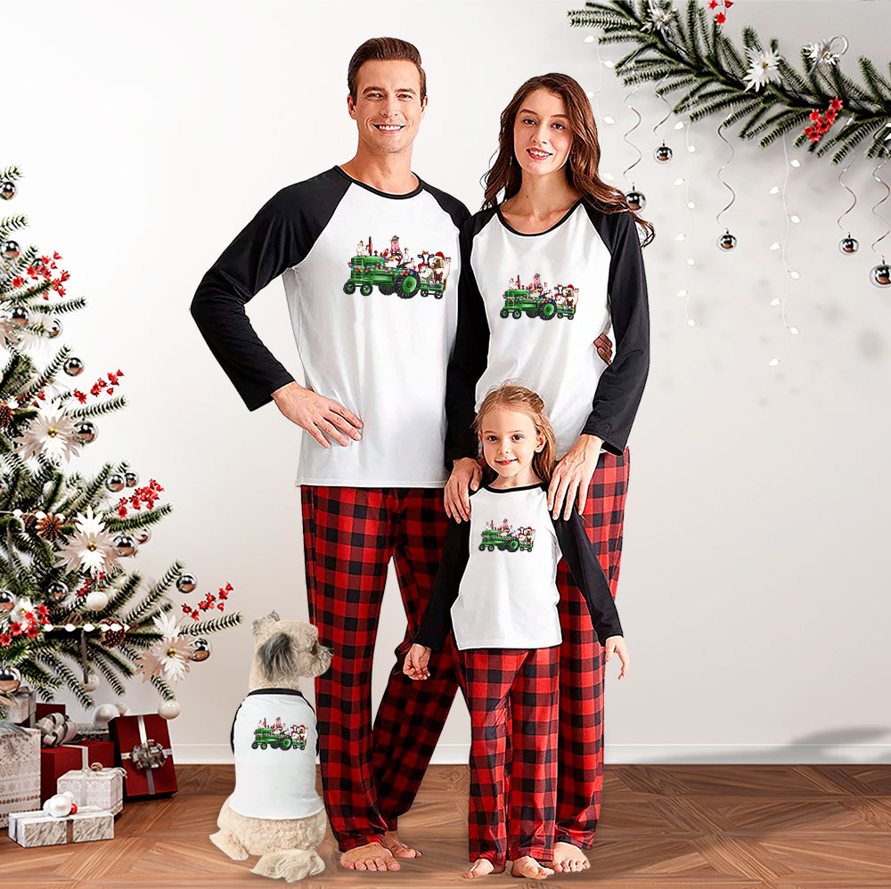 Green Tractor Farm Animal Family Pajama Sets Plaid