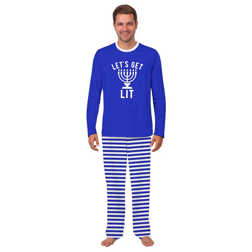 Let's Get Lit Family Hanukkah Pajamas Navy White Striped Let's Get Lit Family Hanukkah Pajamas Navy White Striped