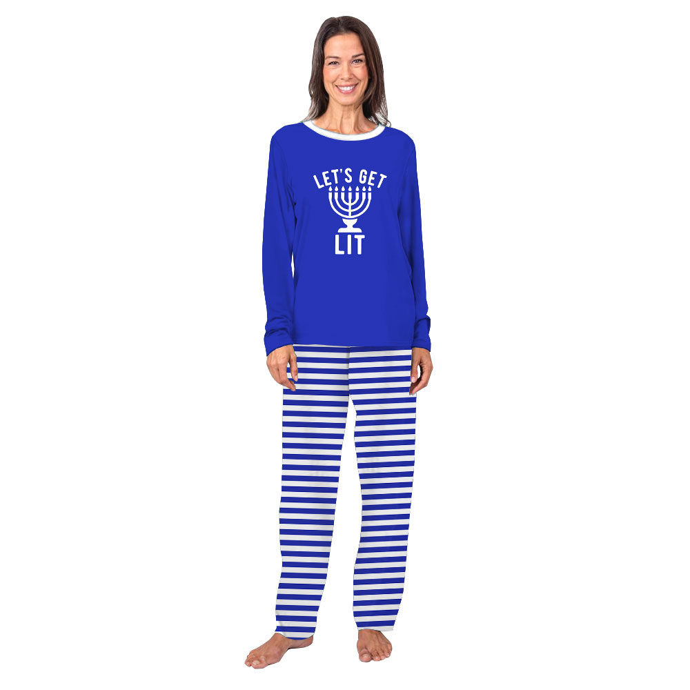 Let's Get Lit Family Hanukkah Pajamas Navy White Striped Let's Get Lit Family Hanukkah Pajamas Navy White Striped