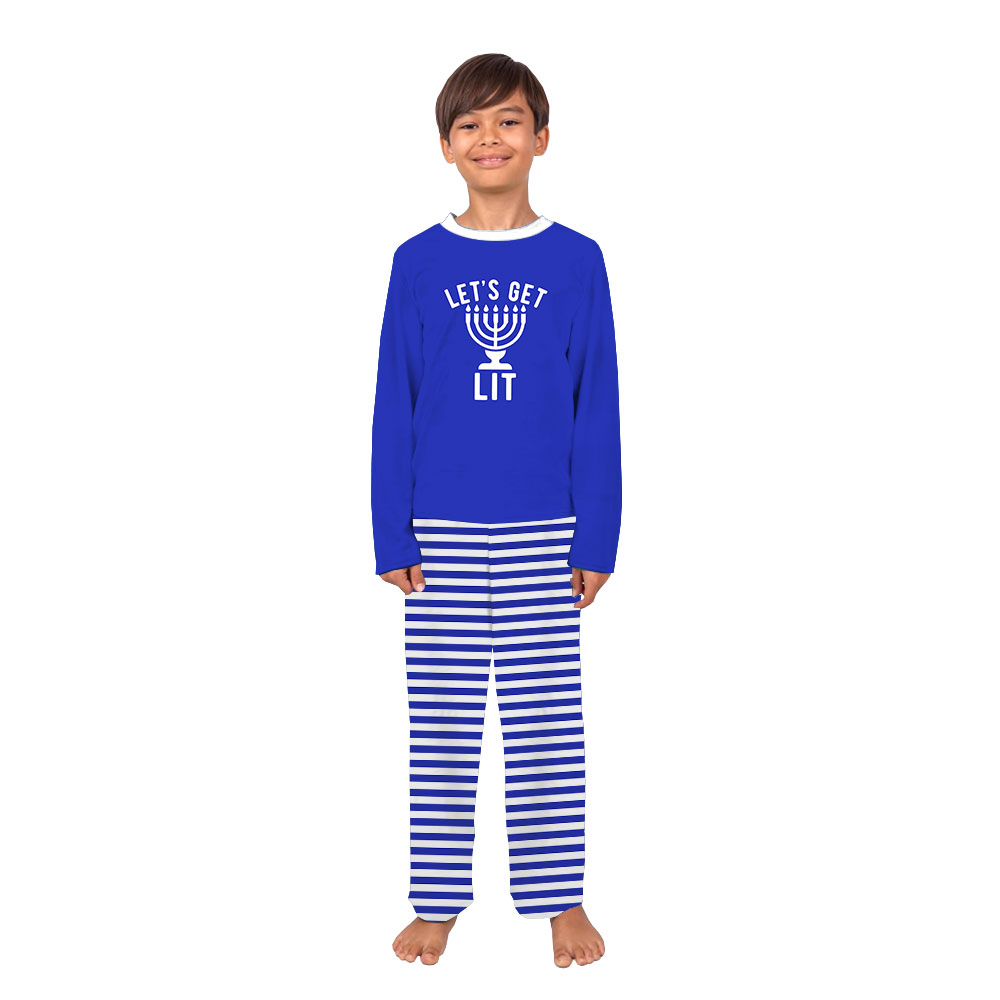 Let's Get Lit Family Hanukkah Pajamas Navy White Striped Let's Get Lit Family Hanukkah Pajamas Navy White Striped
