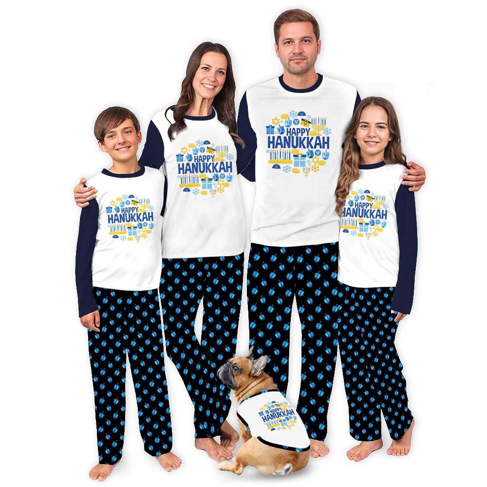 Happy Hanukkah Matching PJs For Family And Dog Blue Happy Hanukkah Matching PJs For Family And Dog Blue