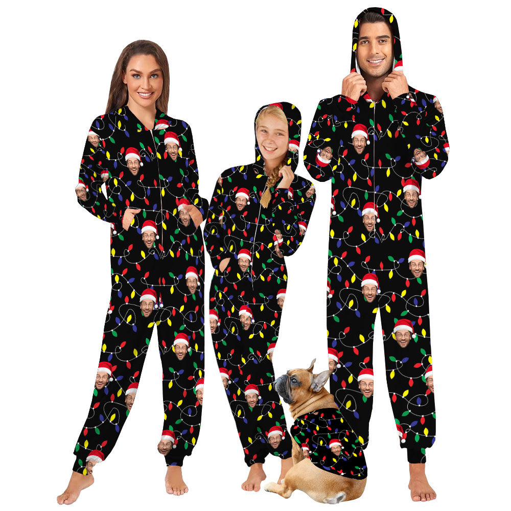 Custom Face Christmas Light Family Onesie And Dog Custom Face Christmas Light Family Onesie And Dog