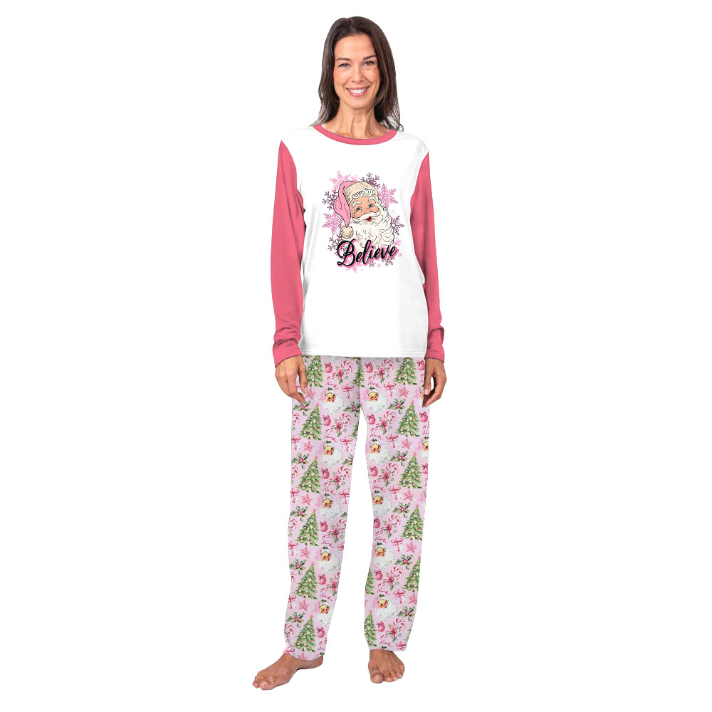 Believe Santa Pink Christmas Holiday Pajamas With Pockets Believe Santa Pink Christmas Holiday Pajamas With Pockets