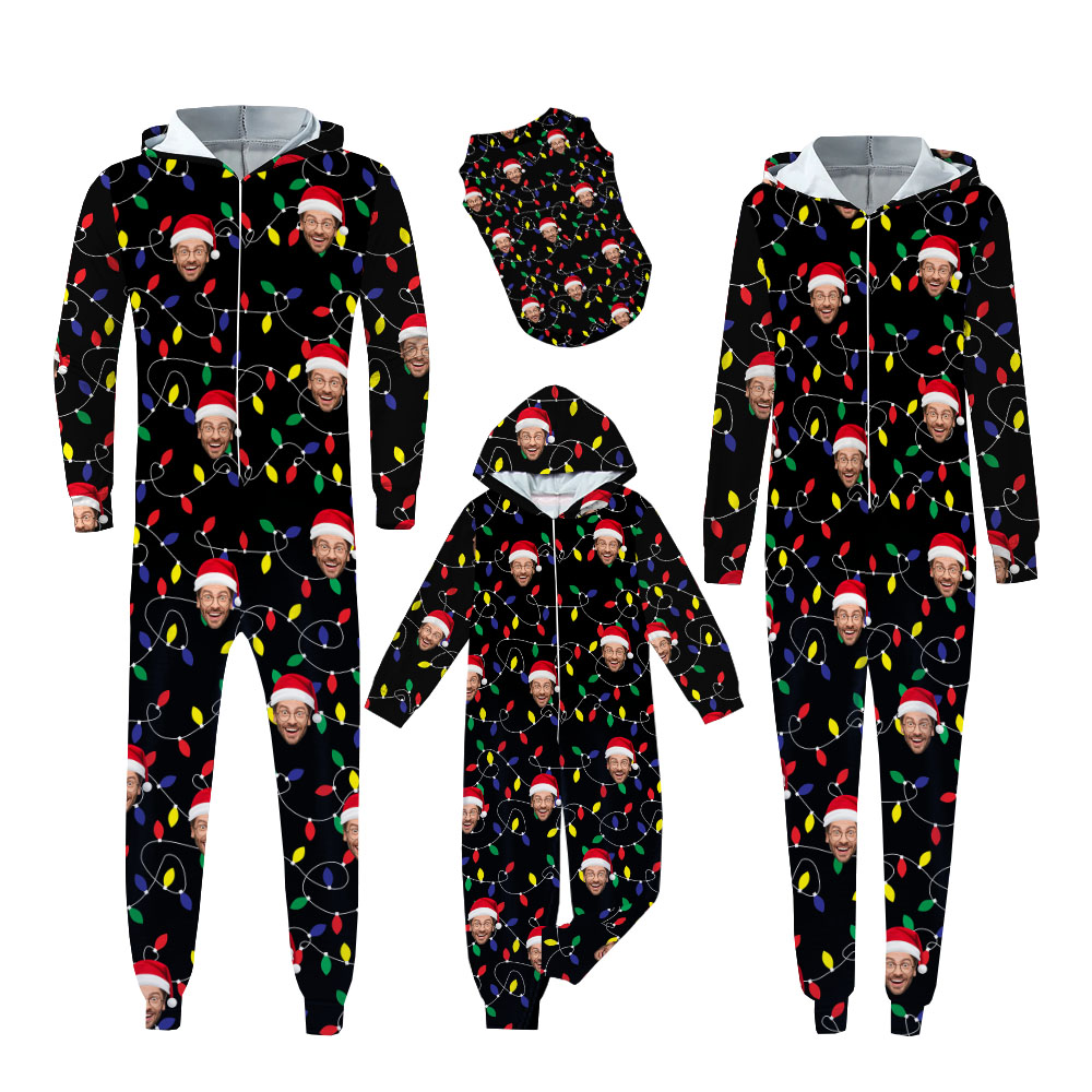 Custom Face Christmas Light Family Onesie And Dog Custom Face Christmas Light Family Onesie And Dog