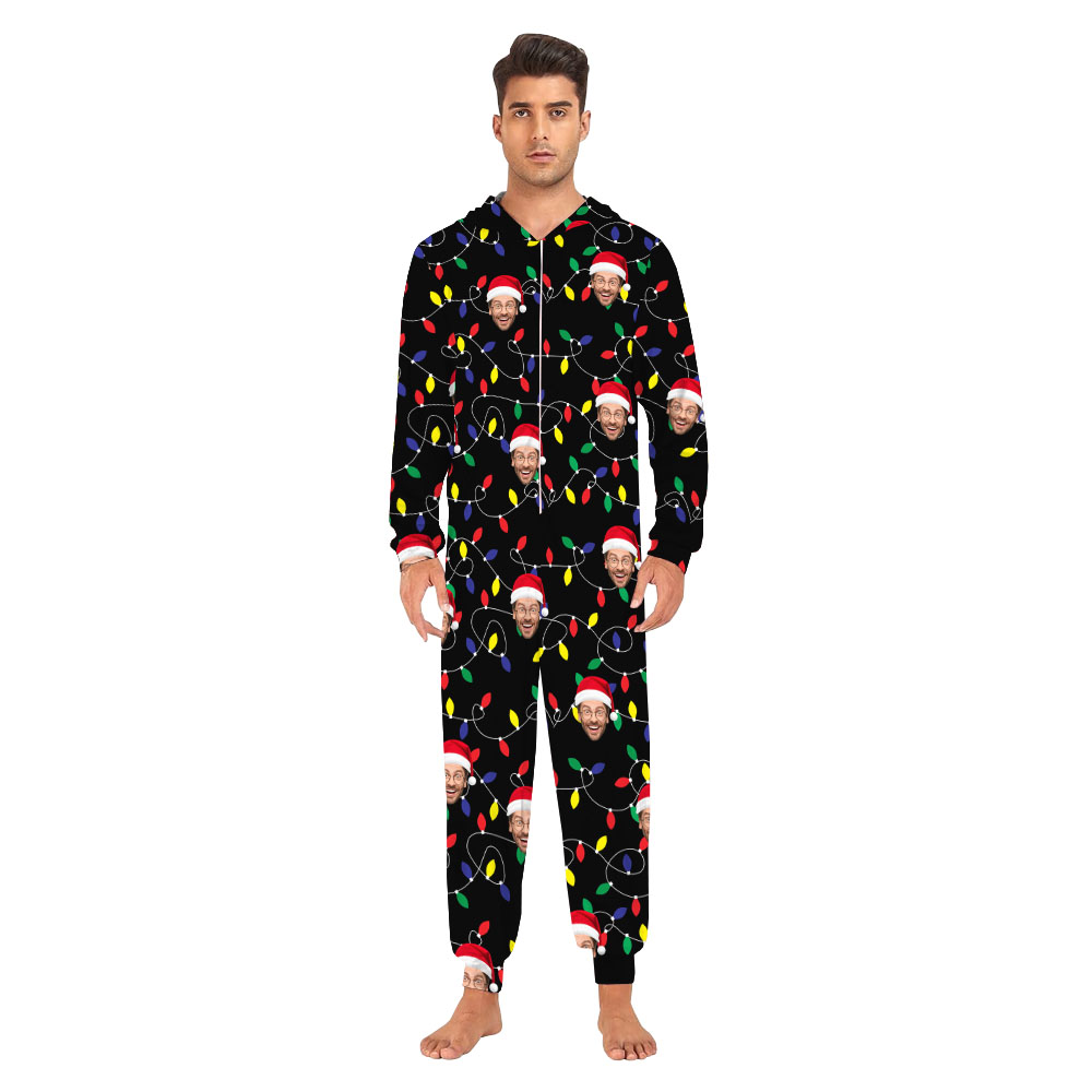 Custom Face Christmas Light Family Onesie And Dog Custom Face Christmas Light Family Onesie And Dog