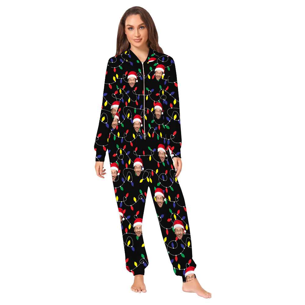 Custom Face Christmas Light Family Onesie And Dog Custom Face Christmas Light Family Onesie And Dog