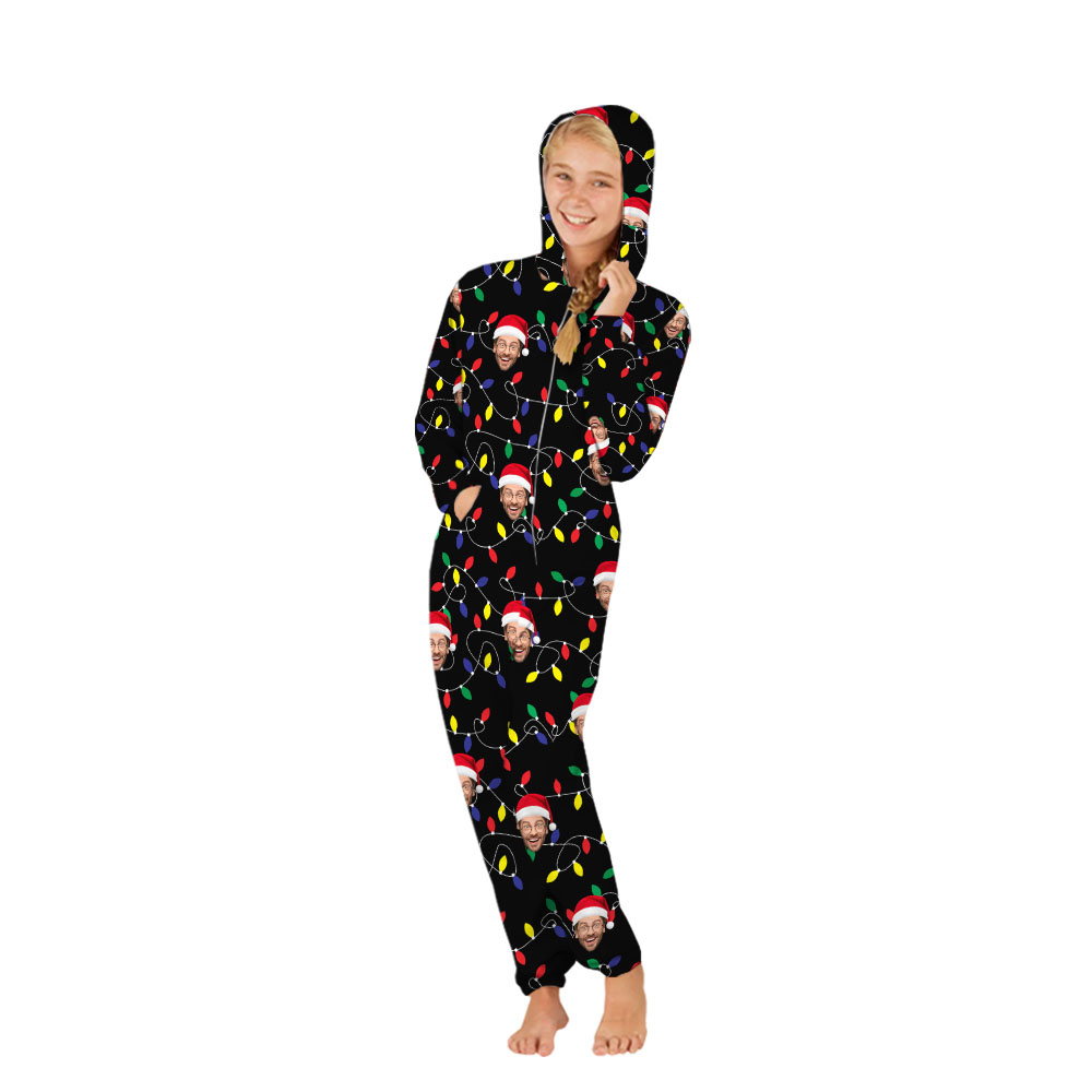 Custom Face Christmas Light Family Onesie And Dog Custom Face Christmas Light Family Onesie And Dog