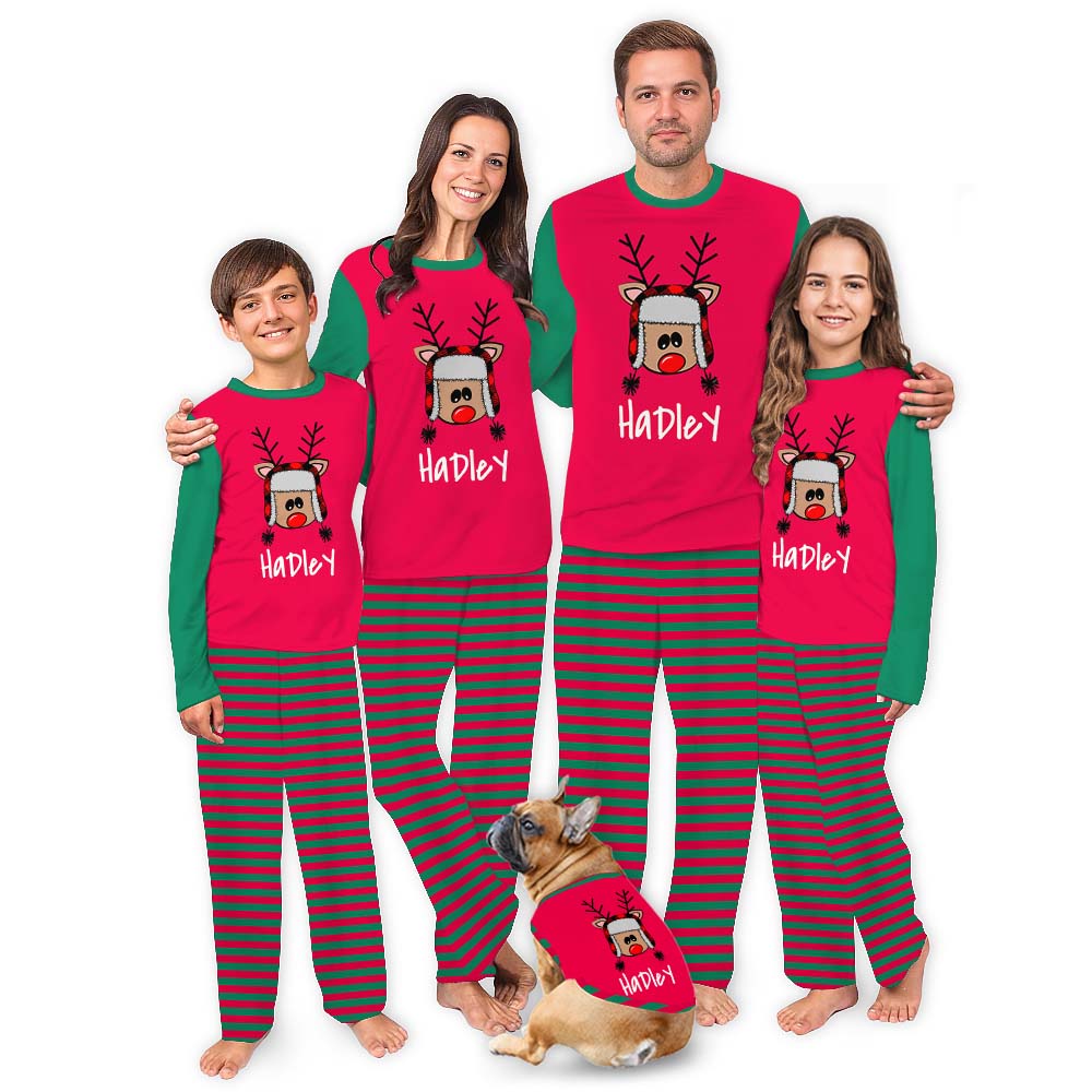 Personalized Reindeer Striped Green And Red Christmas Pajamas With Name Personalized Reindeer Striped Green And Red Christmas Pajamas With Name